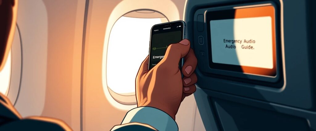 Person on a plane gripping armrest, phone displaying 'Emergency Audio Guide'. Soft cabin light. Style Dramatic realism